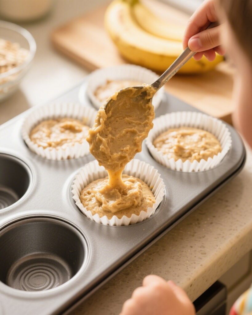 Scooping banana oat muffin batter into muffin cups