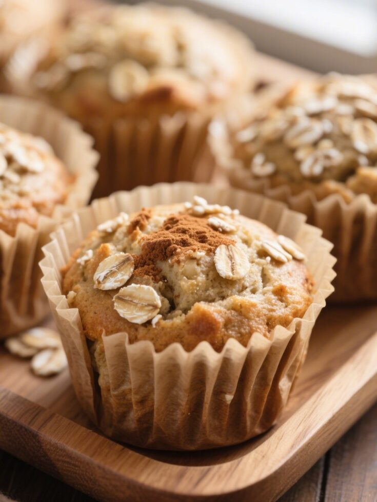 Moist banana oat muffins topped with oats and cinnamon