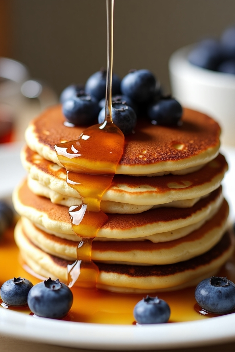 fluffy pancetta pancakes with blueberries and maple syrup