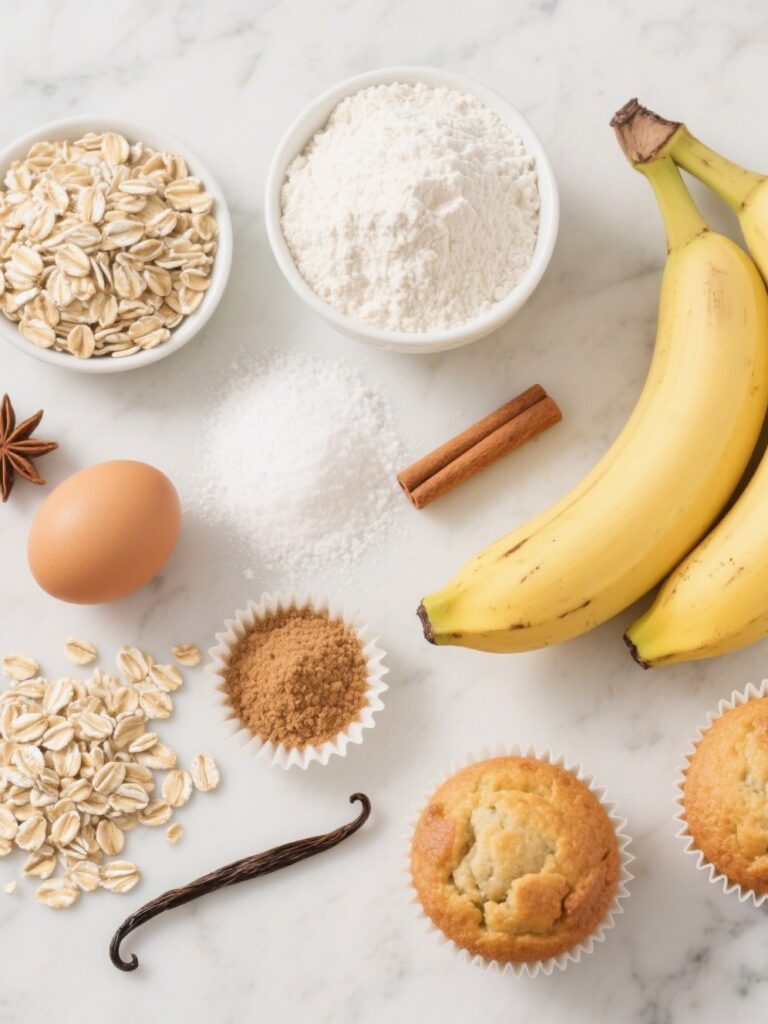 Banana oat muffin ingredients on a marble background.