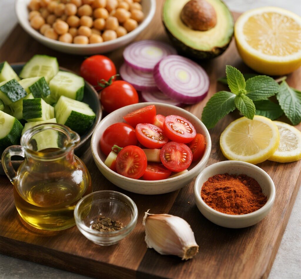 Separate Mediterranean Chickpea Salad ingredients laid out on a board