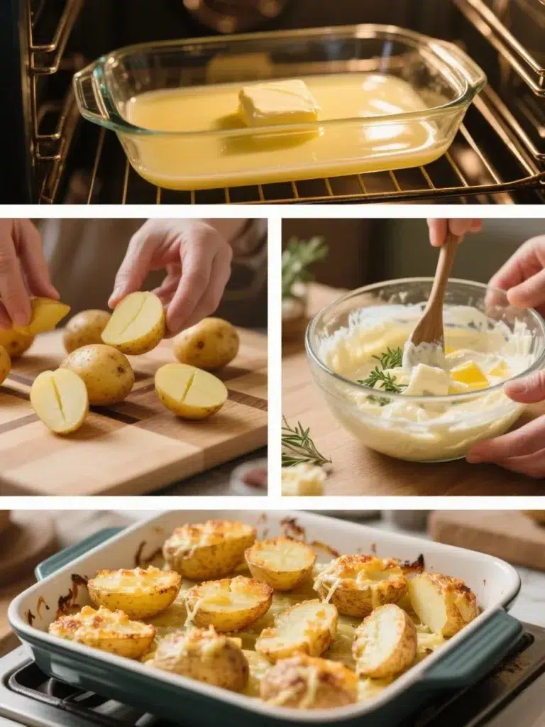 Four-steps cooking process for crispy garlic Parmesan potatoes including scoring, seasoning, pan prep, and air frying