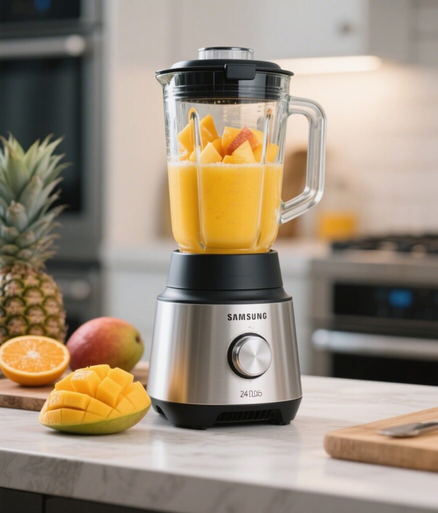 Blending tropical mango pineapple juice ingredients
