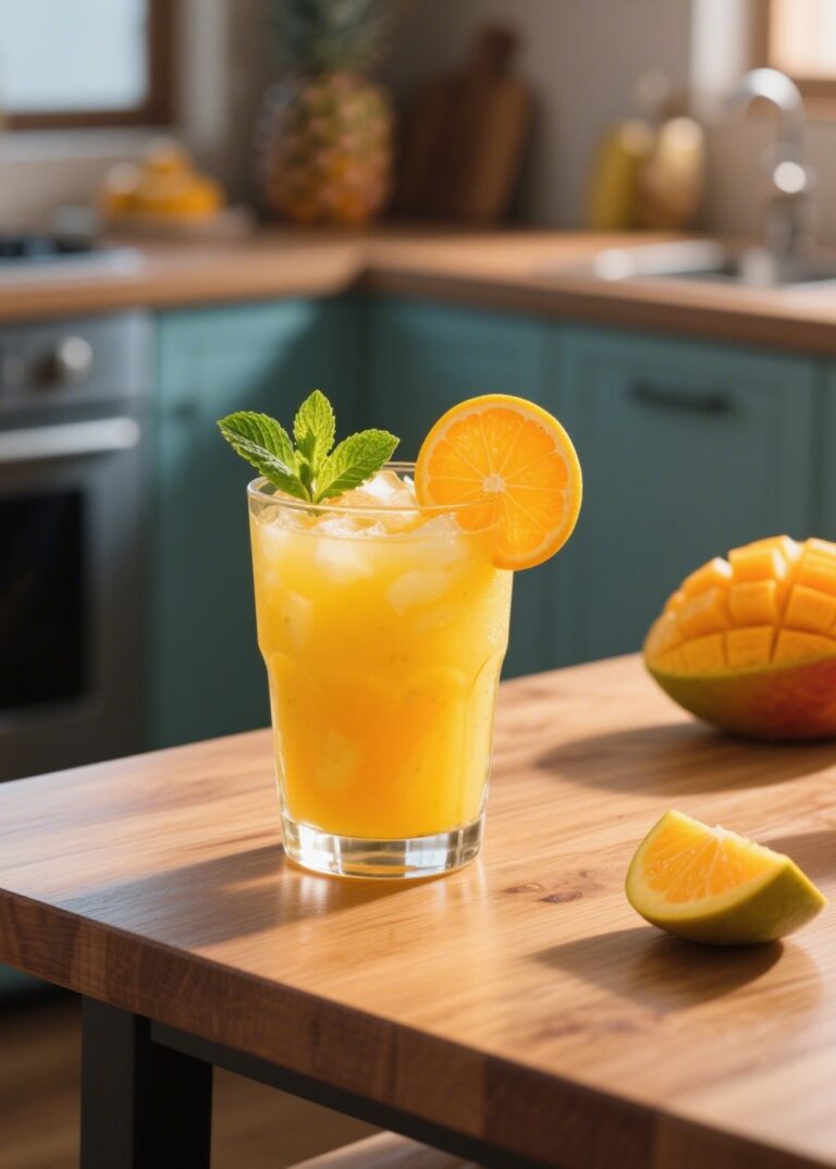 Tropical Mango Pineapple Juice served with mint and citrus garnish
