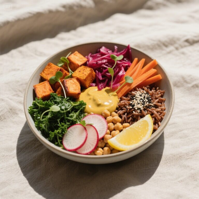 Vegan Buddha Bowl with Grains, Veggies, and Tahini Sauce