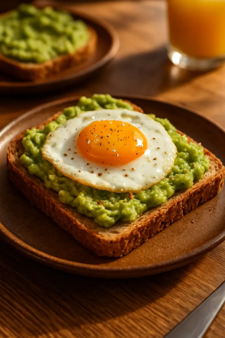 Avocado Egg Breakfast Toast served on wooden table