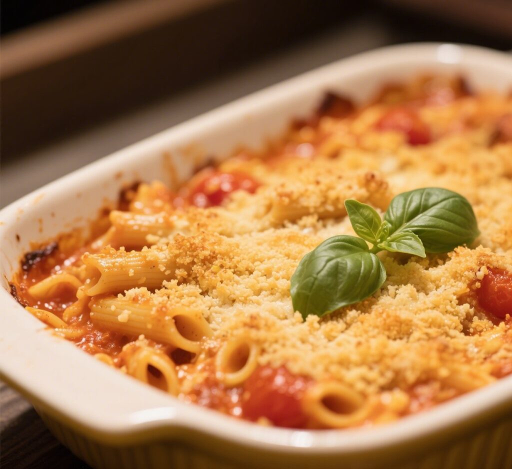 baked creamy tomato pasta with basil and breadcrumb topping