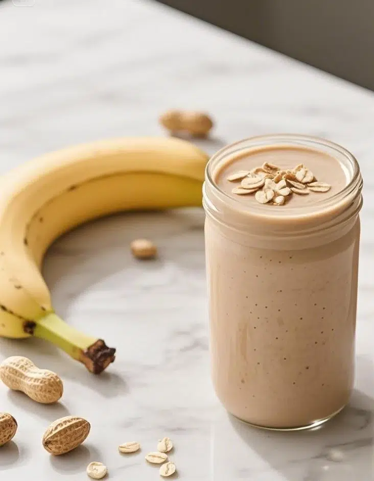 Creamy banana and peanut butter smoothie in glass