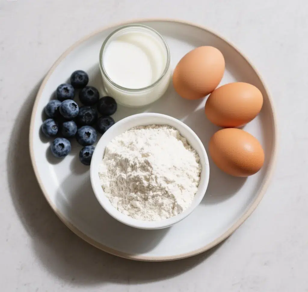 Ingredients for fluffy pancakes with blueberries