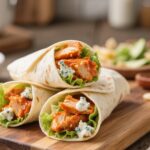 Alt Text: buffalo chicken wraps spicy close up on wooden board
