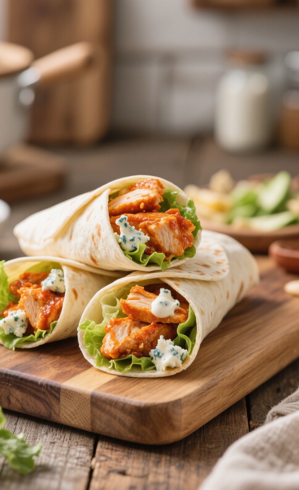 Alt Text: buffalo chicken wraps spicy close up on wooden board