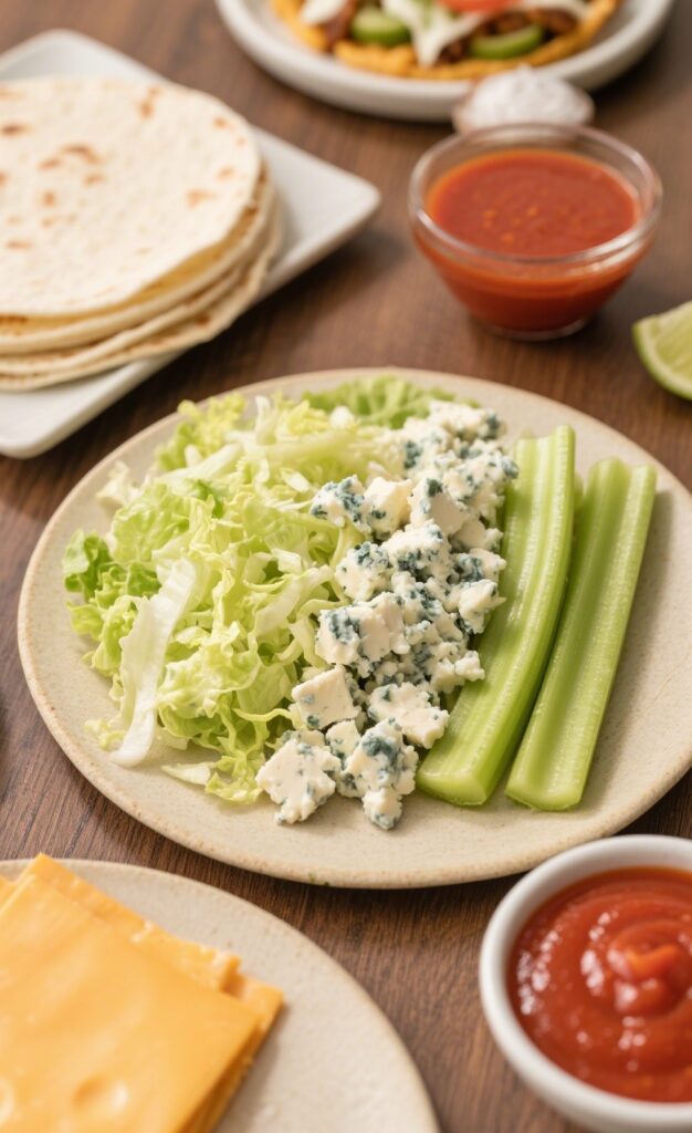 buffalo chicken wrap ingredients flat lay.