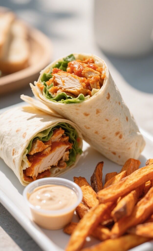 buffalo chicken wrap with sides and dip