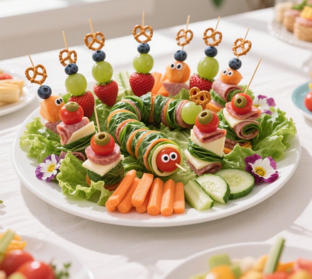 Fruit and veggie caterpillar kabobs on party platter