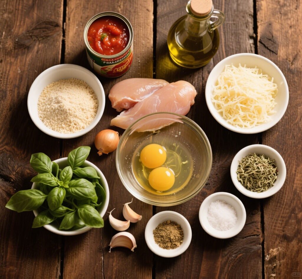 Overhead view of fresh ingredients for Chicken Parmesan