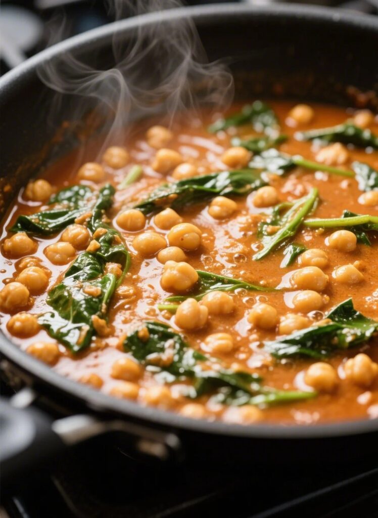 chickpea and spinach curry cooking in a skillet