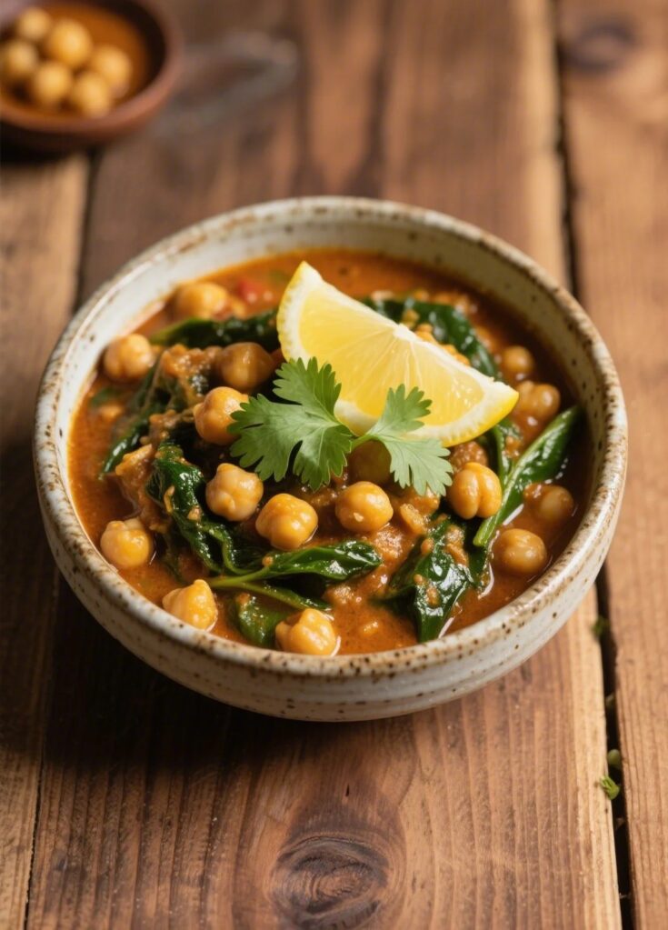 chickpea and spinach curry in a rustic bowl with cilantro garnish
