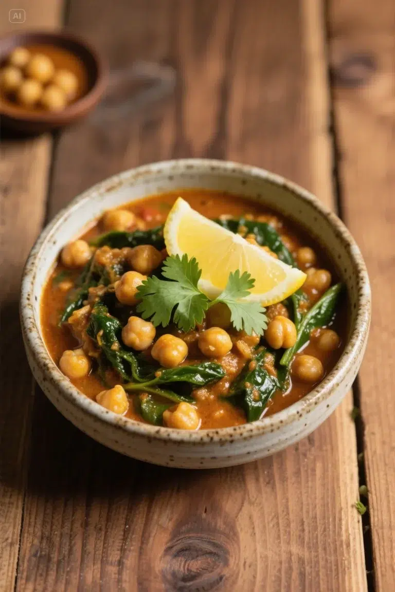 chickpea and spinach curry in a rustic bowl with cilantro garnish