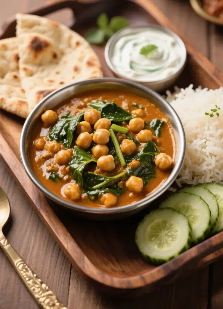 chickpea and spinach curry served with rice and naan