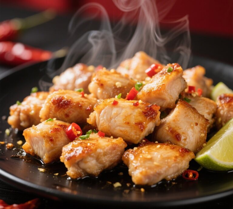 Chili Lime Chicken Bites sizzling in skillet