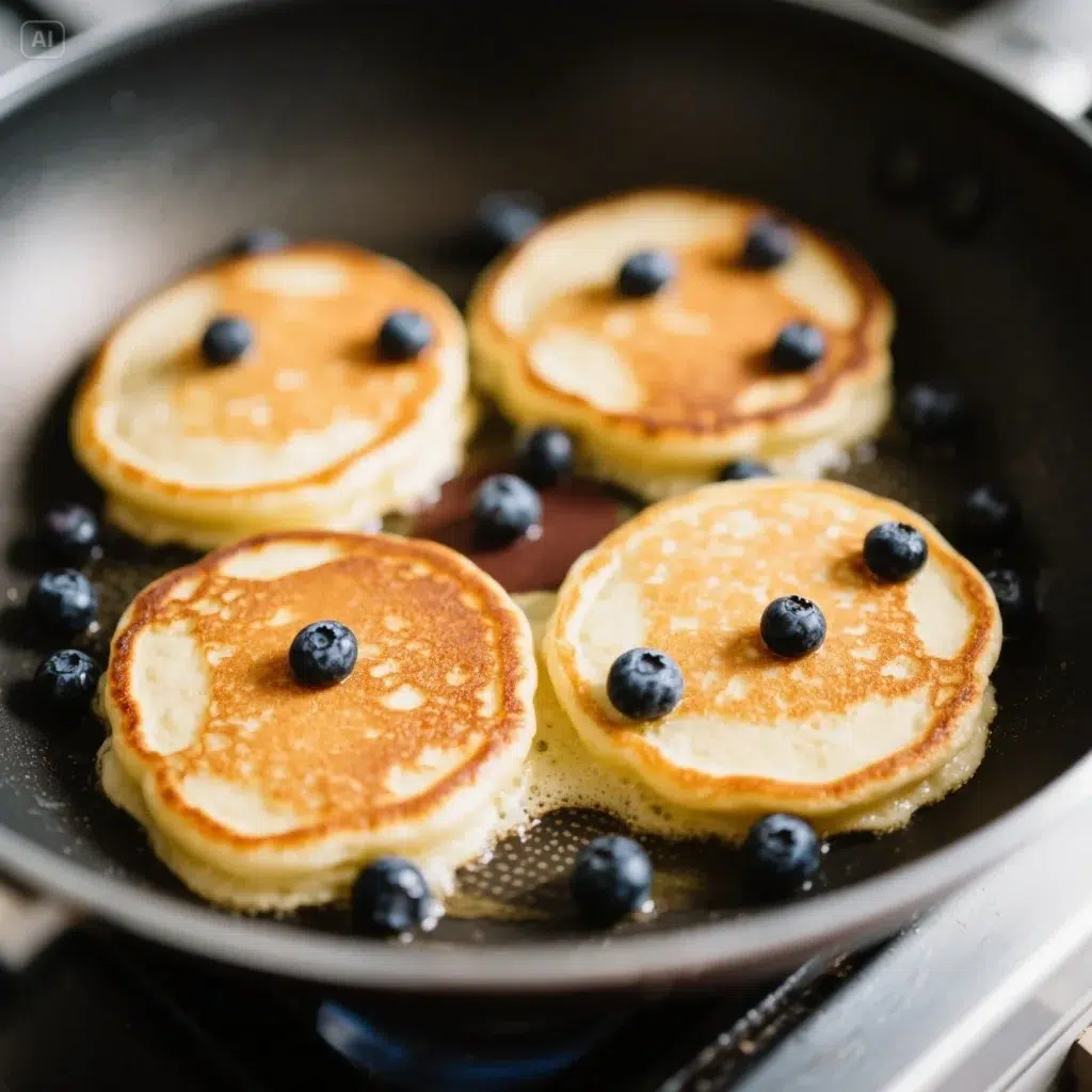 Cooking fluffy blueberry pancakes on pan