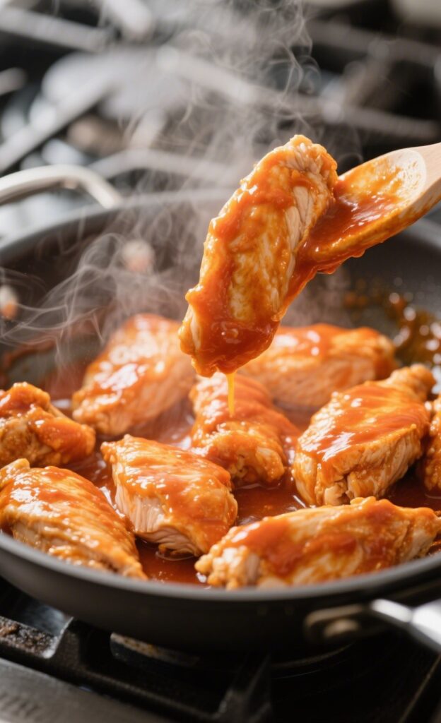 cooking buffalo chicken for wraps in skillet