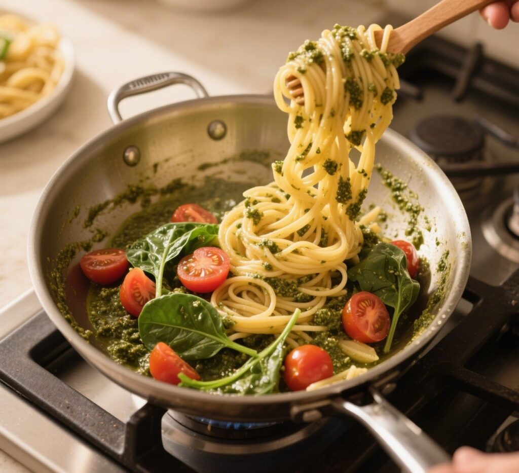 Cooking creamy pesto pasta with cherry tomatoes in a skillet