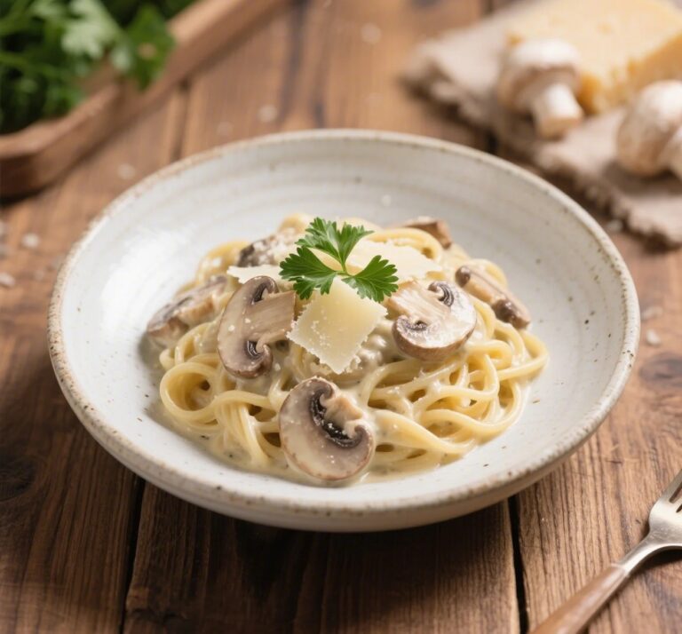 creamy mushroom pasta with parmesan and parsley in a white bowl