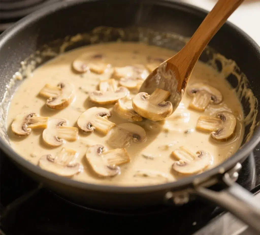 creamy mushroom sauce cooking in skillet