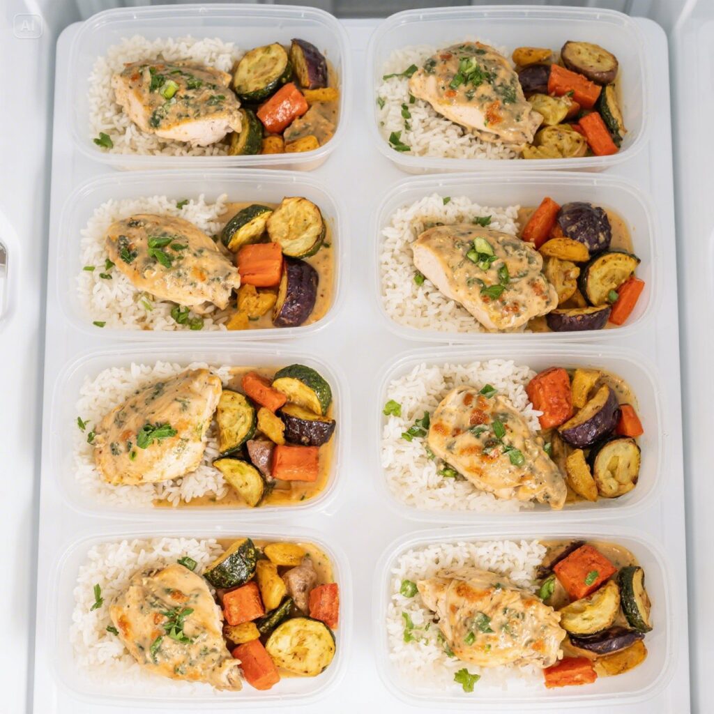 Meal prep containers with Tuscan chicken