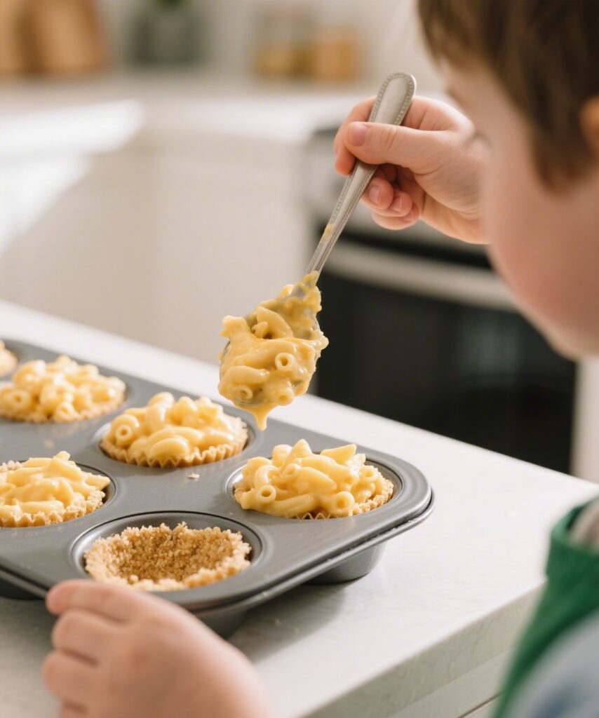 Filling mini muffin cups with mac and cheese mix
