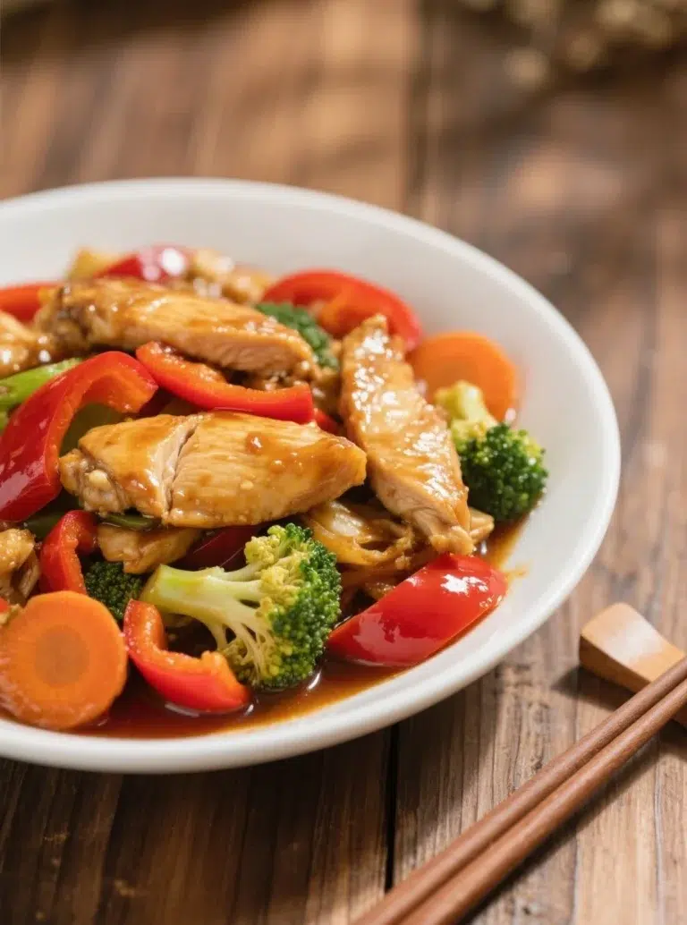 low-carb chicken and veggie stir-fry on cauliflower