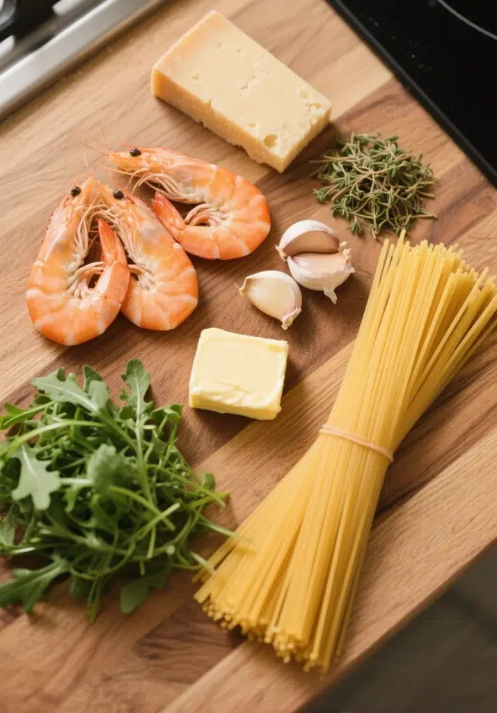 Ingredients for garlic butter shrimp pasta on a wooden counter