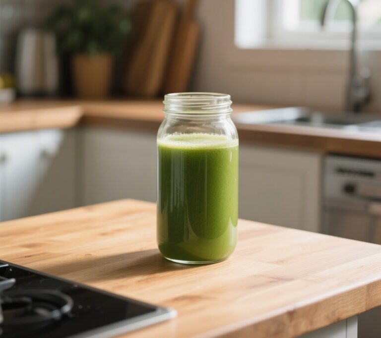 Green juice in a clear glass with kale, cucumber, and lemon