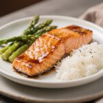 Honey soy glazed salmon with rice and greens