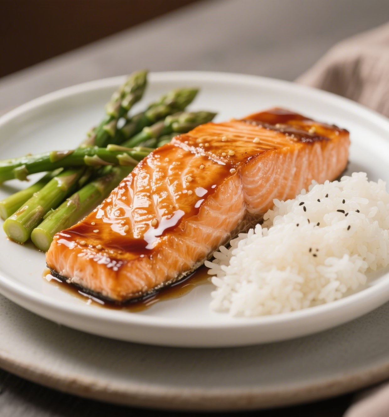 Honey soy glazed salmon with rice and greens