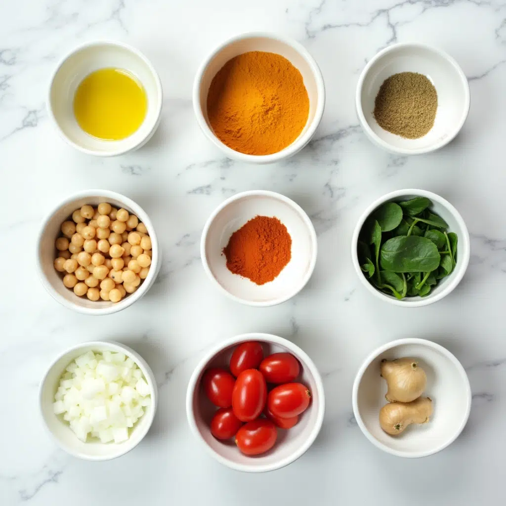 ingredients for chickpea and spinach curry arranged on marble