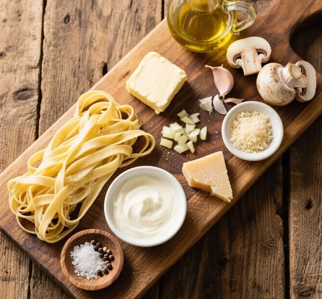 ingredients for creamy mushroom pasta laid out on white marble