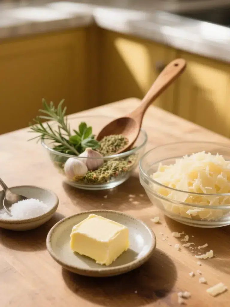 Butter, garlic herb seasoning, Parmesan cheese, and kosher salt on wooden table