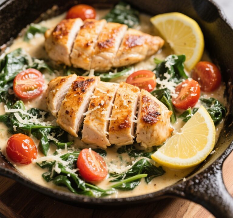 Creamy Tuscan Chicken skillet with sauce