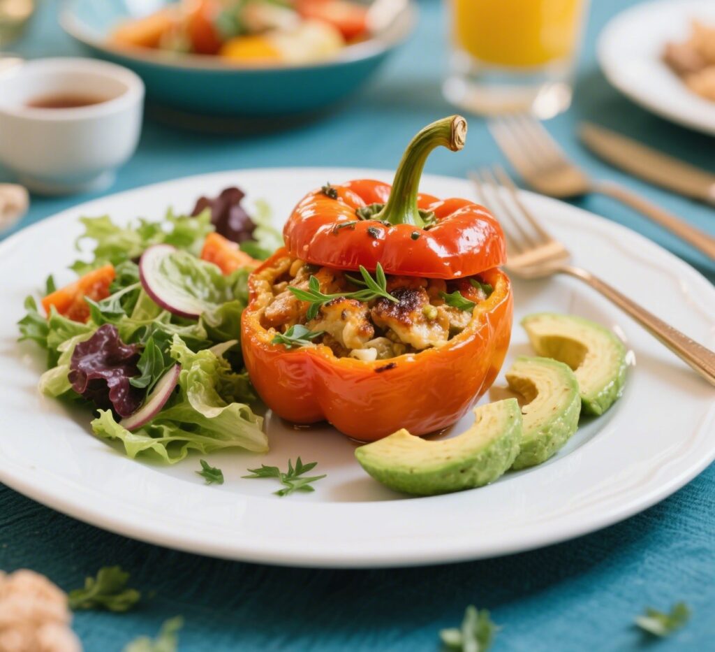 served quinoa stuffed peppers with salad and avocado