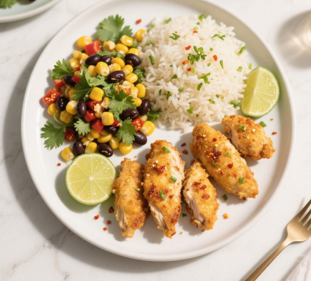 Chili lime chicken served with rice and salad