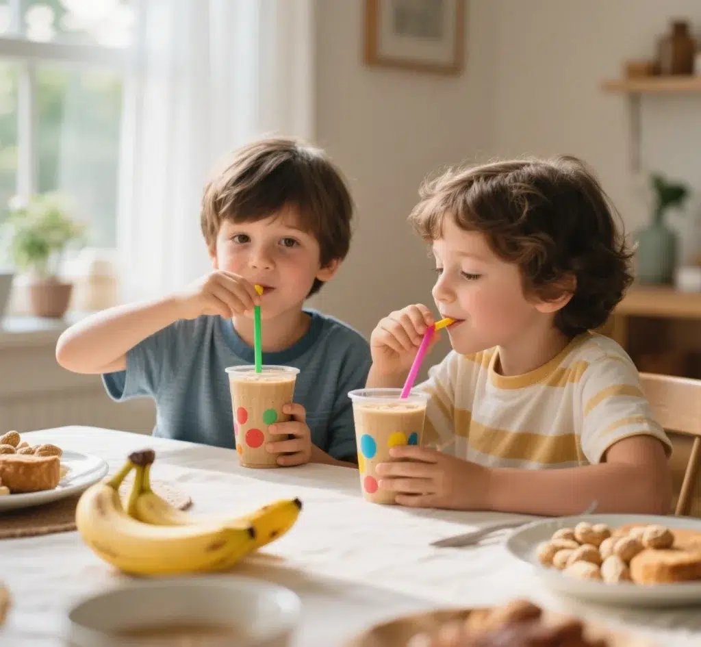 Kids drinking banana and peanut butter smoothies