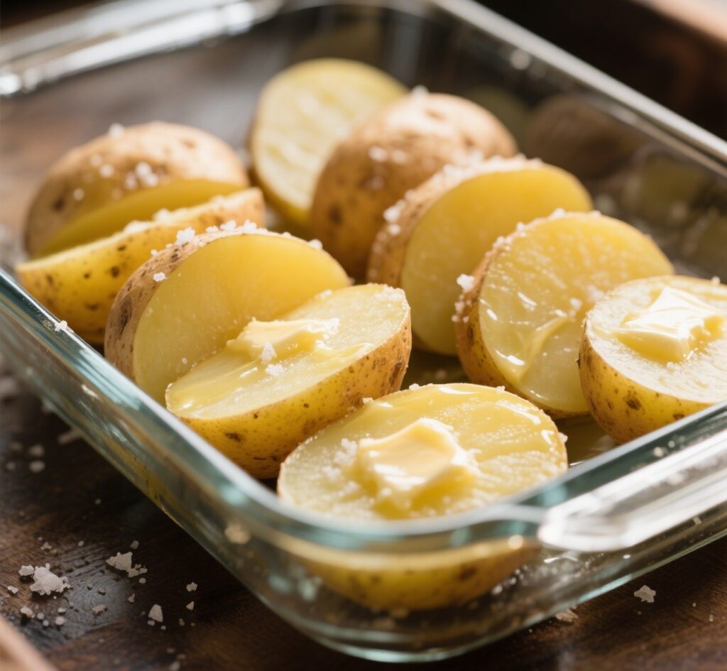 Butter-coated potato slices in baking dish