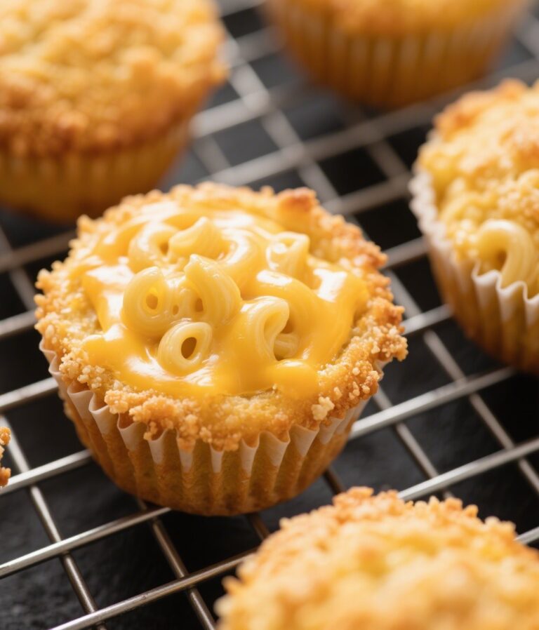 Golden baked mac and cheese muffins with crispy panko topping