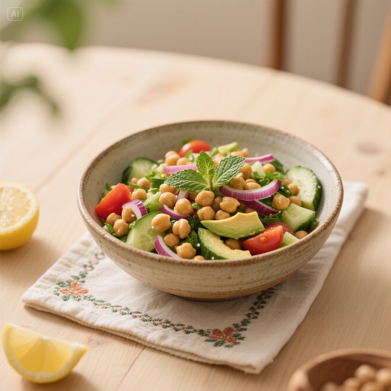 Mediterranean Chickpea Salad Bowl with avocado, tomatoes, and herbs