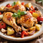 Mediterranean Roasted Chicken with Vegetables on a rustic tray