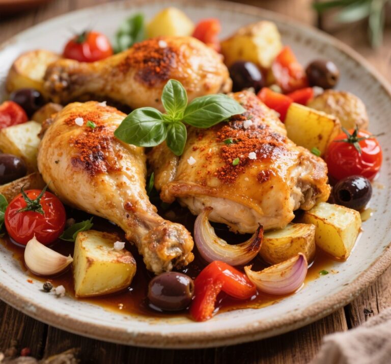 Mediterranean Roasted Chicken with Vegetables on a rustic tray