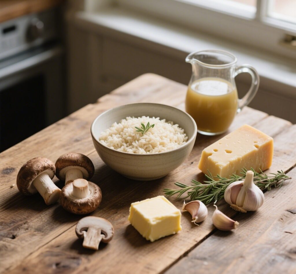 Ingredients for creamy mushroom risotto with arborio rice