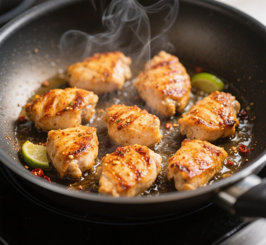 Chili lime chicken cooking in pan